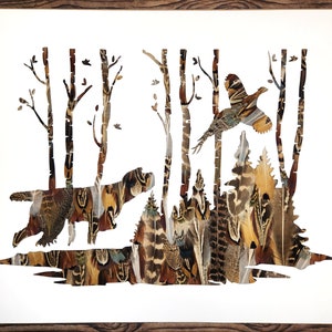 Pheasant Bird Dog Art, Original Feather Wall Decor, Pheasant Hunting Gift, Custom Bird Dog, Unique Rustic Artwork
