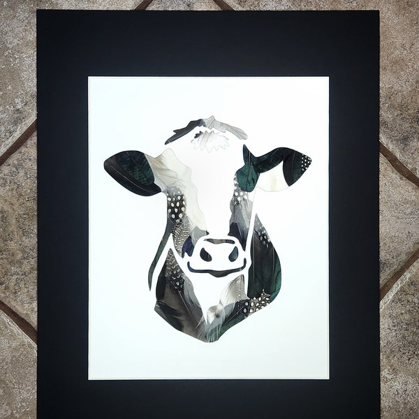 Cow Artwork, Original Feather Art, Farm Gift, Unique Farmhouse Art, Nature Inspired Artwork
