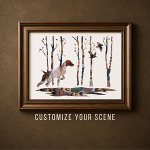 May include: A framed art print featuring a collage-style illustration of a brown and white dog standing in a forest of thin trees with two birds flying above and a reflection in a pool of water below. The text CUSTOMIZE YOUR SCENE is visible.