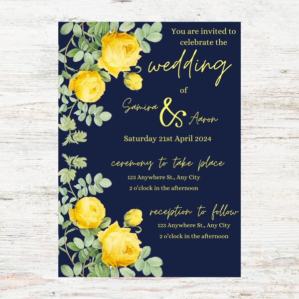 Made to Order Personalised Navy and Yellow Flower Wedding Invitations, Invites, Bundles, Save the Date