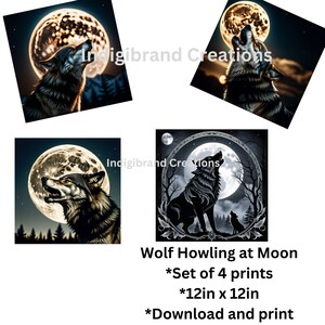 Wolf Howling at the Moon Digital Print - Set of 4