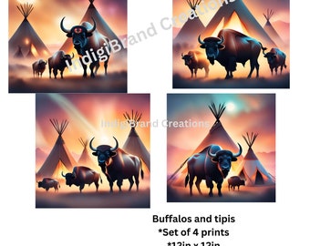 Buffalos with Tipis in the Background Digital Prints