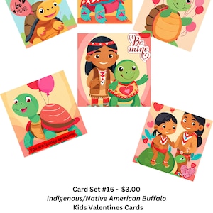 May include: A set of six Valentine's Day cards featuring cartoon turtles and Native American children. The cards have messages like "Be Mine" and "You are turtley awesome." Each card is 4 inches by 4 inches.