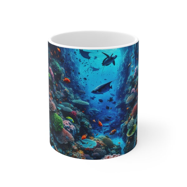 Marine Life 11oz Ceramic Mug, Sea Creatures and Coral Reef Design, Ocean-Lover Coffee Cup - Mugs