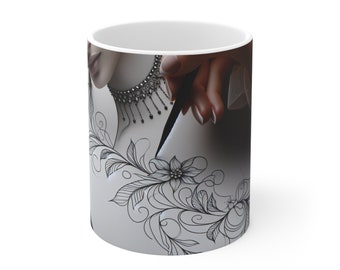 Luxury 11oz. Ceramic Mug, Sophisticated Design, Elegant Coffee Tea Cup, Premium Quality - Mugs