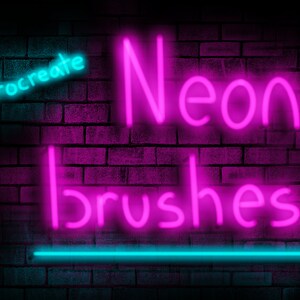 May include: Neon sign with the text "Procreate Neon Brushes" on a brick wall background. The text "Neon Brushes" is in pink and the text "Procreate" is in blue.