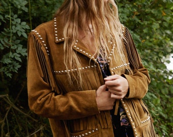 Ladies Vintage Fringe Leather Jacket, Brown Suede Leather Jacket, Ladies Suede jacket, Fringe Jacket, ladies oversized Suede leather jacket