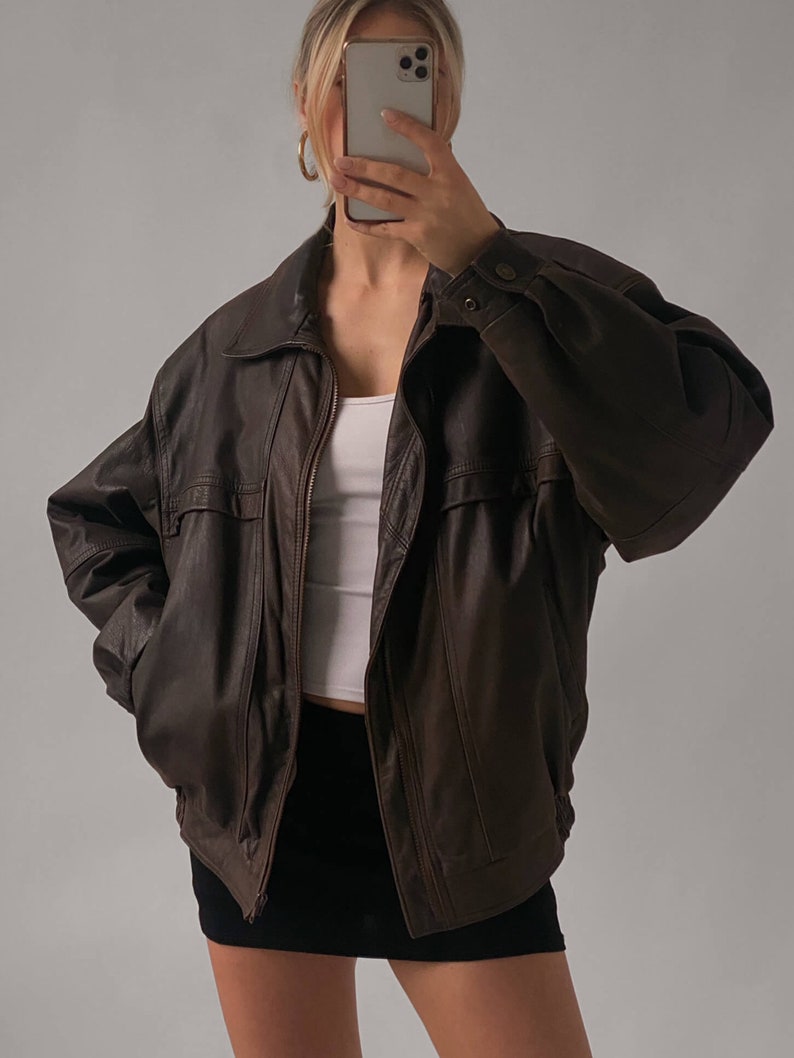 90's Womens Vintage Oversized Straight Jacket, Women Handmade Oversize Bomber Lambskin Soft Real Leather Jacket, Oversize Leather Jacket image 3