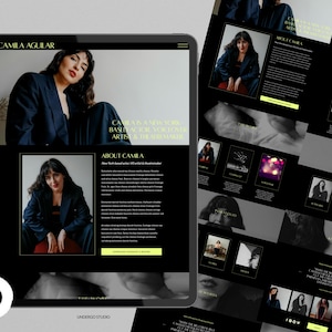 May include: A website screenshot featuring a black and white photo of a woman with dark hair and a black jacket. The text on the website reads "Camila Aguilar", "Based in New York", "Artist & The Music Maker", "About Camila", and "Undergo Studio".