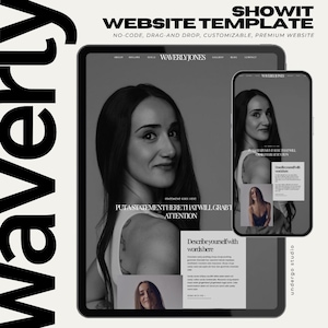 May include: A website template showcased on a tablet and smartphone. The design is monochrome, featuring a woman's portrait. Text includes "WEBSITE TEMPLATE" and "WAVERLY JONES". The template is described as no-code, drag-and-drop, and customizable for a premium website.