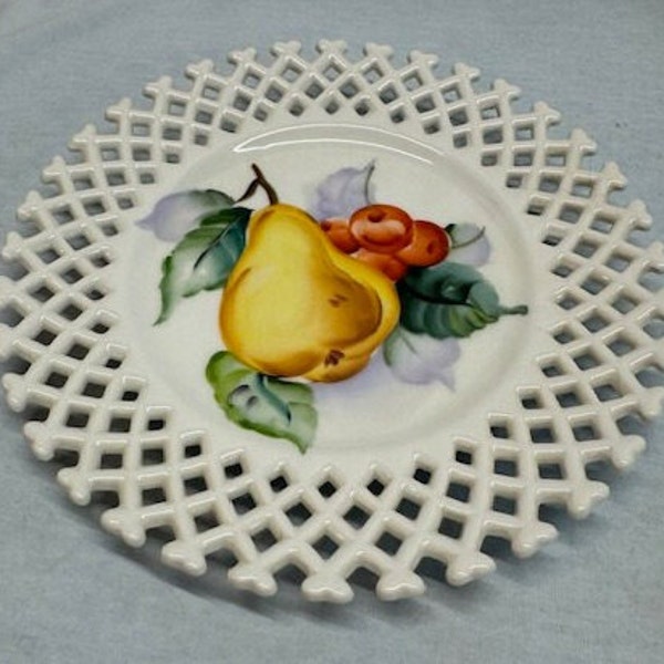 Vintage Lefton China Fruit Kitchen Plate - Pear and Cherries Lattice Trim