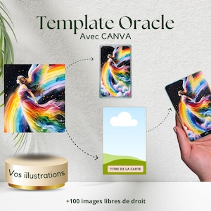 May include: A template for creating oracle cards using Canva. The template features a colourful illustration of a woman with rainbow wings. The text "Template Oracle" and "Avec CANVA" is displayed at the top of the image. The text "Vos illustrations" is displayed below the illustration. The text "TITRE DE LA CARTE" is displayed on a blue and green card. The text "+100 images libres de droit" is displayed at the bottom of the image.