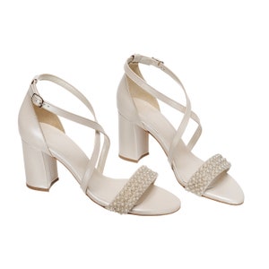 Ivory Block Heel Wedding Shoes pearls