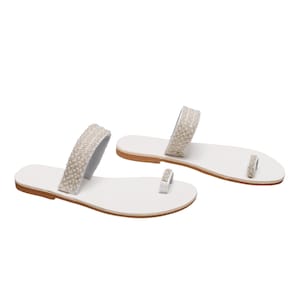 White Leather Sandals Flat Pearls