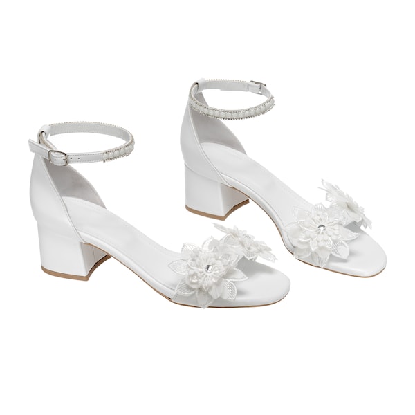 white bridal shoes low heel