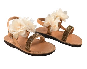Ivory girls sandals leather rhinestones