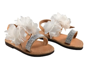 White girls sandals leather rhinestones