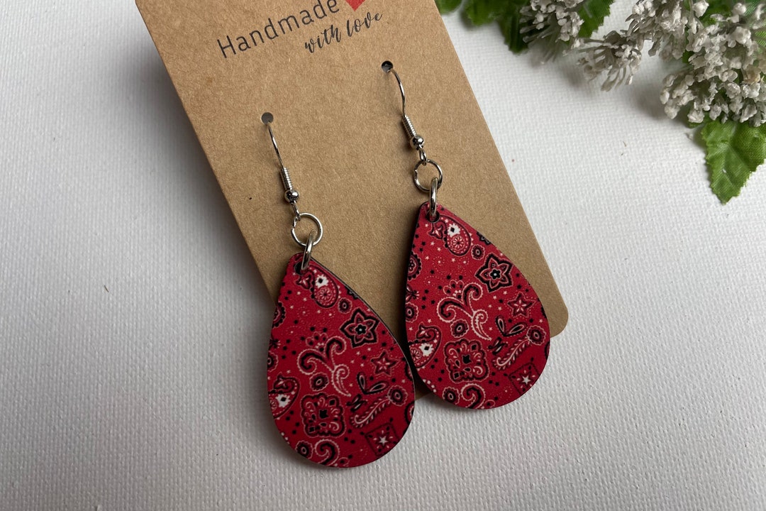 Red Bandana Print Cowgirl Dangle and Drop Earrings, perfect for making a bold fashion statement