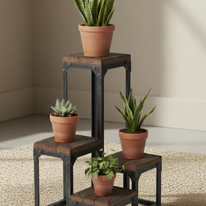 Puede incluir: Un soporte para plantas de varios niveles con cuatro niveles, cada uno con una maceta de terracota con una planta diferente. El soporte tiene un marco de metal oscuro y plataformas de madera. Las plantas incluyen plantas de serpiente y suculentas.