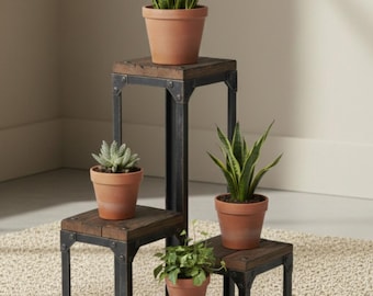 Industrial Plant Stand - 4-Tier Metal and Solid Wood Flower Pot Holder - Rustic Pedestal for Plants-Stepped Display Shelf-Handmade Furniture