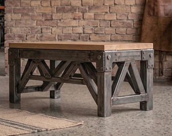 Industrial Entryway Bench - Solid Oak 35mm & Heavy Duty Steel - Modern Loft Style Coffee Table - Custom Welded Furniture