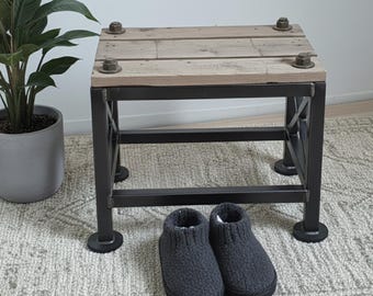 Industrial Reclaimed Wood Ottoman – Rustic Metal Footstool, Entryway Bench