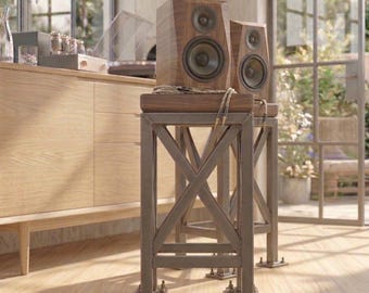 Pair of custom industrial audiophile speaker stands - 50 cm high - 30 mm solid beech wood and raw steel - hand welded "made to order"