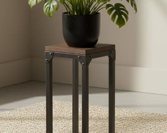 Industrial Plant Stand with Wood Top – Rustic Metal Pedestal for Indoor Plants – Mid Century Modern Flower Pot Holder–Minimalist Loft Decor