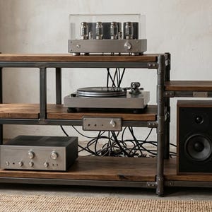 Könnte beinhalten: Ein mehrstöckiges Hi-Fi-Regal aus dunklen Holzbrettern und dunkelgrauen industriellen Metallrohren. Das Möbelstück beherbergt einen Röhrenverstärker, einen Plattenspieler, einen silbernen Receiver und einen Lautsprecher mit schwarzer Front.