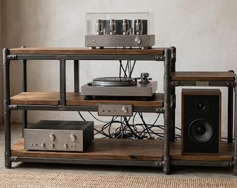 Solid oak and steel Hi-Fi audio stand, industrial turntable stand and custom stereo console, handmade audiophile furniture