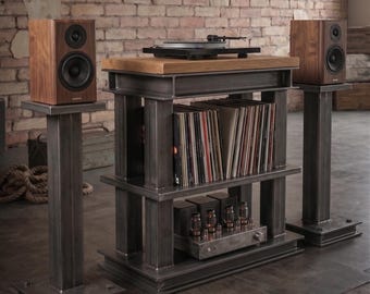 Industrielles, robustes Plattenspieler- und Lautsprecherständer-Set – Massives Eichenholz, Rohstahl – HiFi-Rack für Audiophile–Handgefertigt