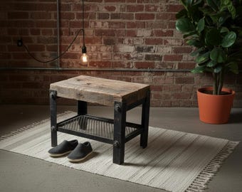 Reclaimed Wood & Metal Industrial Bench, Small Accent Table