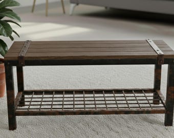 Industrial Entryway Bench with Shoe Rack, Rustic Low Profile Bench, Wood and Metal Hallway Furniture, Loft Style Shoe Storage, 80cm