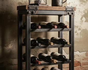 Industrial Wine Rack with Solid Wood Top–Handmade Metal Bottle Holder–Rustic Home Bar Furniture–12 Bottle Capacit–Farmhouse Style Wine Stand