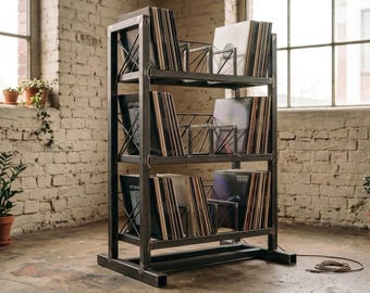 Industrial Vinyl Record Storage Rack - Custom Steel Record Player Stand - Heavy Duty LP Display Shelf-Metal Vinyl Holder-3 Tier Record Shelf