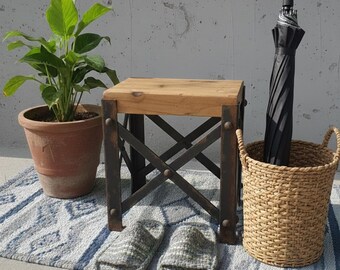 Industrial Small Stool, Reclaimed Wood and Metal Footstep, Rustic Bedside Table, Loft Style Plant Stand, Handmade Metal Furniture,Heavy Duty