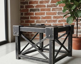 Industrial Metal Stool, Loft Side Table, Handmade Steel Plant Stand, Minimalist Bedside Table, Matte Black Furniture, Heavy Duty Taboret