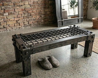 Industrial Rebar & Steel Bench - Heavy Duty Entryway Seating - Brutalist Metal Furniture-Hand-Welded Loft Style-"The Iron Grid" Custom Bench