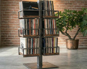 Industrial Vinyl Record Storage Tower – Steel and Wood LP Display Stand – Vertical 130cm Record Player Cabinet–Handcrafted Music Room Decor