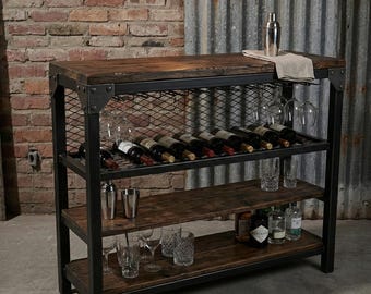 Industrial Oak Wine Bar Cabinet | Solid Oak & Steel Wine Rack Table | Rustic Liquor Bar Console | Home Bar Furniture with Glass Holder