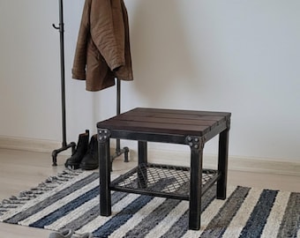 Industrial stool, footstool,Industrial Reclaimed Wood Side Table - Rustic End Table with Metal Mesh Shelf,Solid Wood and Metal Plant Stand