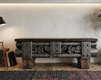 Handgefertigte Sitzbank aus Stahl und verkohltem Holz für den Eingangsbereich–90 cm hohe,maßgefertigte Metallrohrbank–Modernes Loft-Ambiente