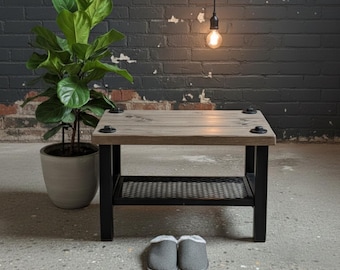 Industrial Coffee Table with Exposed Bolts - Rustic Reclaimed Wood Side Table - Heavy Duty Metal Mesh Shelf - Loft Style Furniture