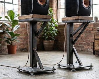 Industrial Steel & Solid Wood Speaker Stands - Asymmetrical Audiophile Pair - Heavy Duty Custom Stands for KEF, B W, JBL