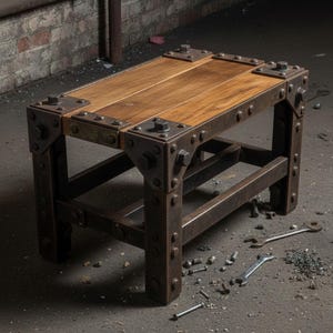 Puede incluir: Una mesa auxiliar de estilo industrial con una tapa rectangular de madera y una estructura metálica. La mesa está construida con pernos y remaches visibles. La tapa de madera mide aproximadamente 60 cm de largo y 40 cm de ancho.