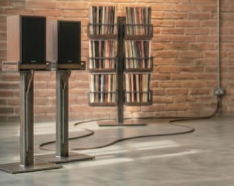 Industrial Oak & Steel Speaker Stands (Pair) – Handcrafted Minimalist Audio Stands – Custom Height – 50x50 mm Steel Profile