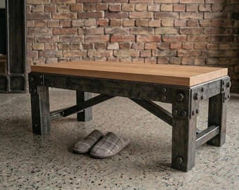 Industrial Handcrafted Bench - Solid Beech Wood & Raw Steel - 35mm Thick Wood - Heavy Duty Entryway Seating - Exposed Welds - Loft Style