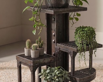 Industrial Metal Plant Stand, Multi Tiered Steel Flower Pot Holder, Heavy Duty Rustic Plant Display Shelf, Raw Steel Loft Decor