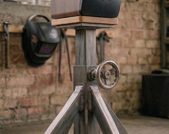 Industrial Adjustable Speaker Stands – Handcrafted Steel & Solid Oak – Heavy Duty Raw Metal – Pair of 2 – Custom Heights