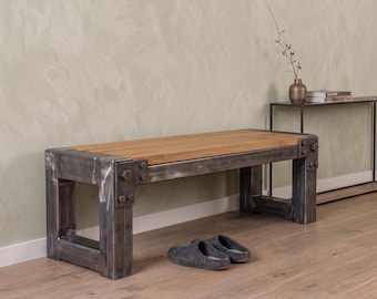 Industrielle Eichenbank, moderne Eingangsbereich-Sitzbank, Massivholz-Flurbank, minimalistische Bank im Recycling-Stil – 100 cm